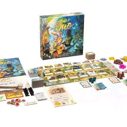 Speler plaatst workers in Everdell Duo om hout, bessen en hars te verzamelen