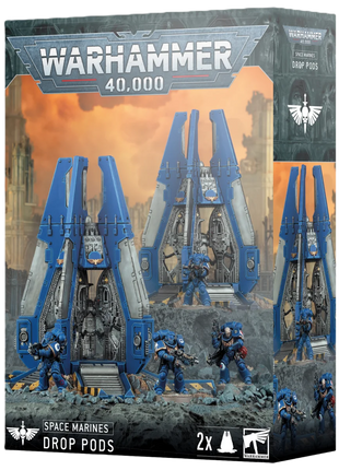 Dit is een afbeelding van het miniatuur drop pods -space marines voor het spel Warhammer, te koop bij Tabletop Miniature Wargames spellenwinkel Speldorado in delft