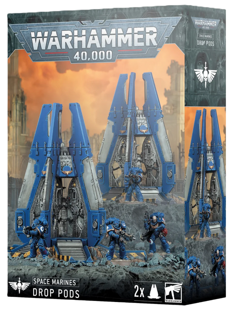 Dit is een afbeelding van het miniatuur drop pods -space marines voor het spel Warhammer, te koop bij Tabletop Miniature Wargames spellenwinkel Speldorado in delft