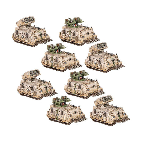 Dit is een afbeelding van het miniatuur whirlwind/scorpius missile tank sqaud - legions imperialis voor het spel Warhammer, te koop bij Tabletop Miniature Wargames spellenwinkel Speldorado in delft