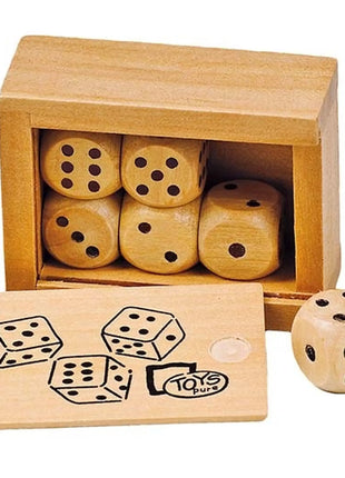 Dit is een foto van het spel Houten Kistje Met 6 Houten Dobbelstenen te koop bij Speldorado Spellenwinkel Delft