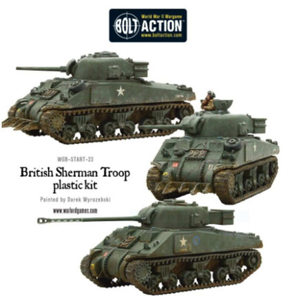 Dit is een foto van het spel Sherman V Tank Troop (2 Sherman V'S 1 Firefly) - Bolt Action te koop bij Speldorado Spellenwinkel Delft