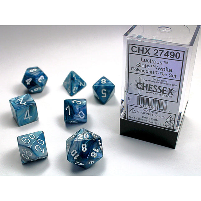Dit is een foto van het spel Lustrous Polyhedral Slate/White 7-Die Set te koop bij Speldorado Spellenwinkel Delft