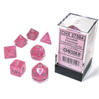 Dit is een foto van het spel Borealis Polyhedral Pink/Silver Luminary 7-Die Set te koop bij Speldorado Spellenwinkel Delft