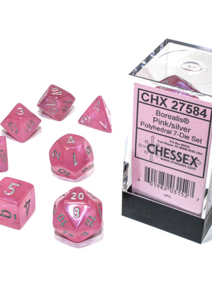 Dit is een foto van het spel Borealis Polyhedral Pink/Silver Luminary 7-Die Set te koop bij Speldorado Spellenwinkel Delft