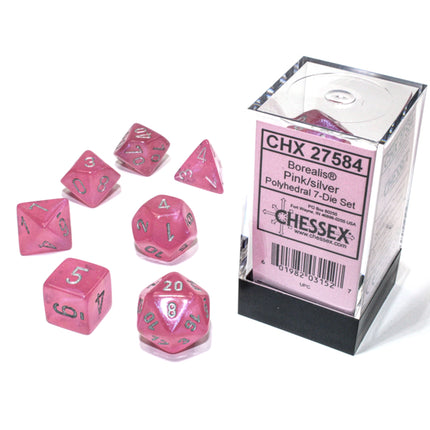 Dit is een foto van het spel Borealis Polyhedral Pink/Silver Luminary 7-Die Set te koop bij Speldorado Spellenwinkel Delft