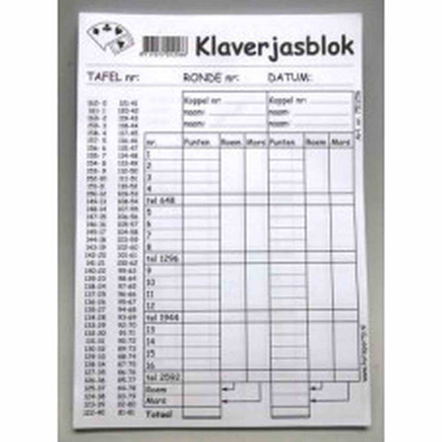 Dit is een foto van het spel Klaverjas Scorebloc 100Vel A5 te koop bij Speldorado Spellenwinkel Delft