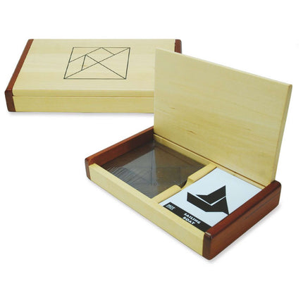 Dit is een foto van het spel Tangram Dubbel Kist Blank Hout 60 Voorbeelden te koop bij Speldorado Spellenwinkel Delft