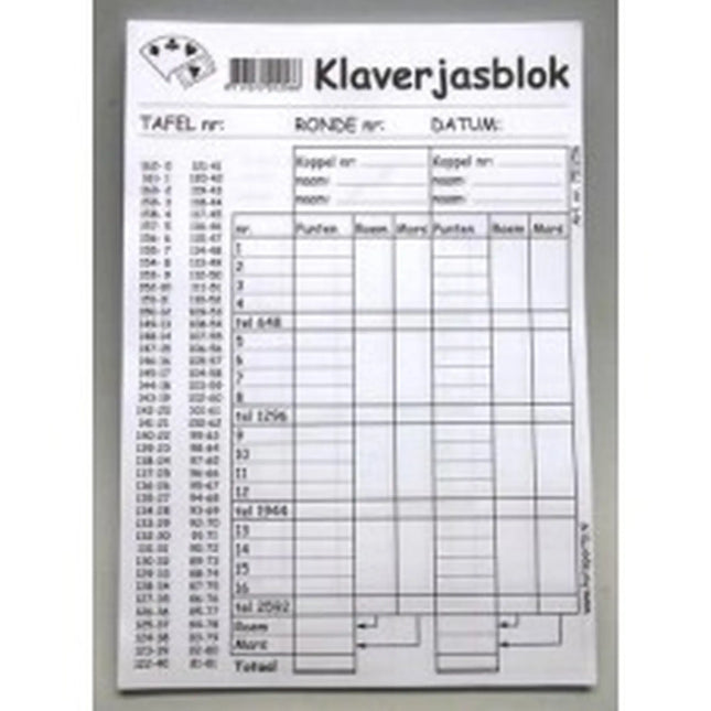 Dit is een foto van het spel Klaverjas Scorebloc 100Vel A5 te koop bij Speldorado Spellenwinkel Delft