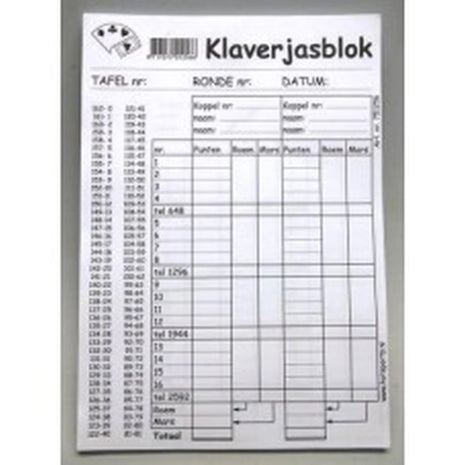 Dit is een foto van het spel Klaverjas Scorebloc 100Vel A5 te koop bij Speldorado Spellenwinkel Delft