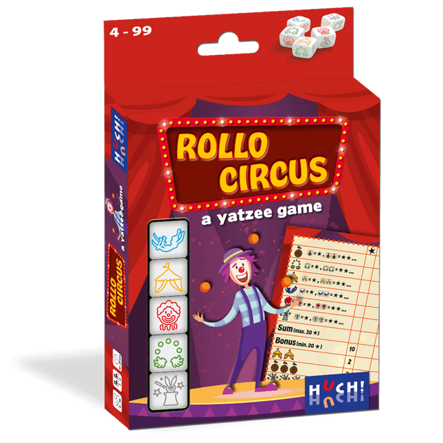 Dit is een foto van het spel Rollo A Yatzee Game - Circus NL te koop bij Speldorado Spellenwinkel Delft
